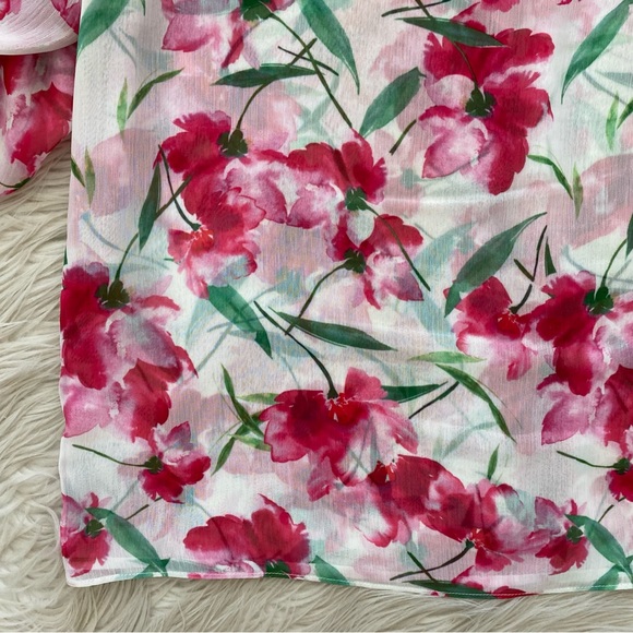 MISA Red Pink Fuchsia Floral Watercolor Chiffon Sera Top Short Sleeve Blouse - Picture 9 of 14